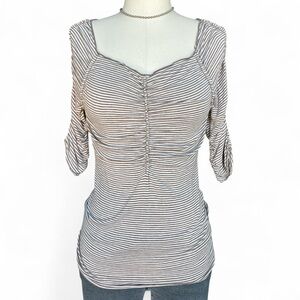 Max studio brown and white striped top with ruching and 3/4 sleeves